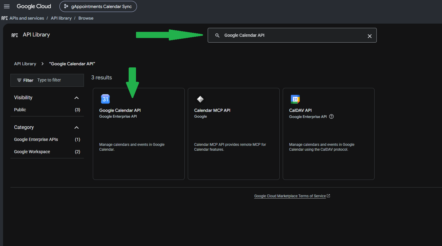 Search for the Google Calendar API