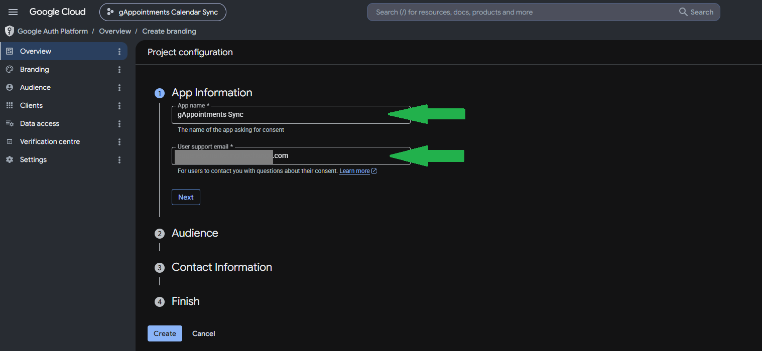Enter the app name and user support email