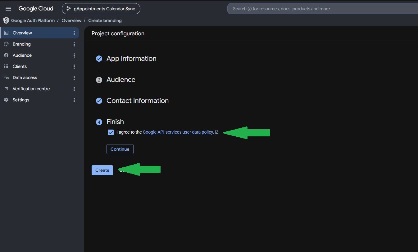 Agree to the terms and create the consent configuration