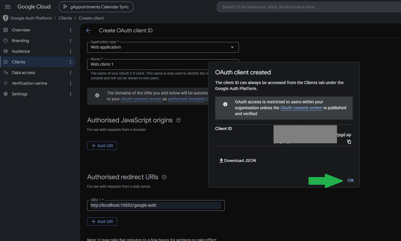OAuth client created popup showing the Client ID