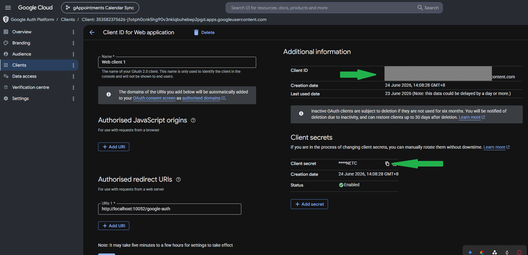 Copy the Client ID and Client Secret