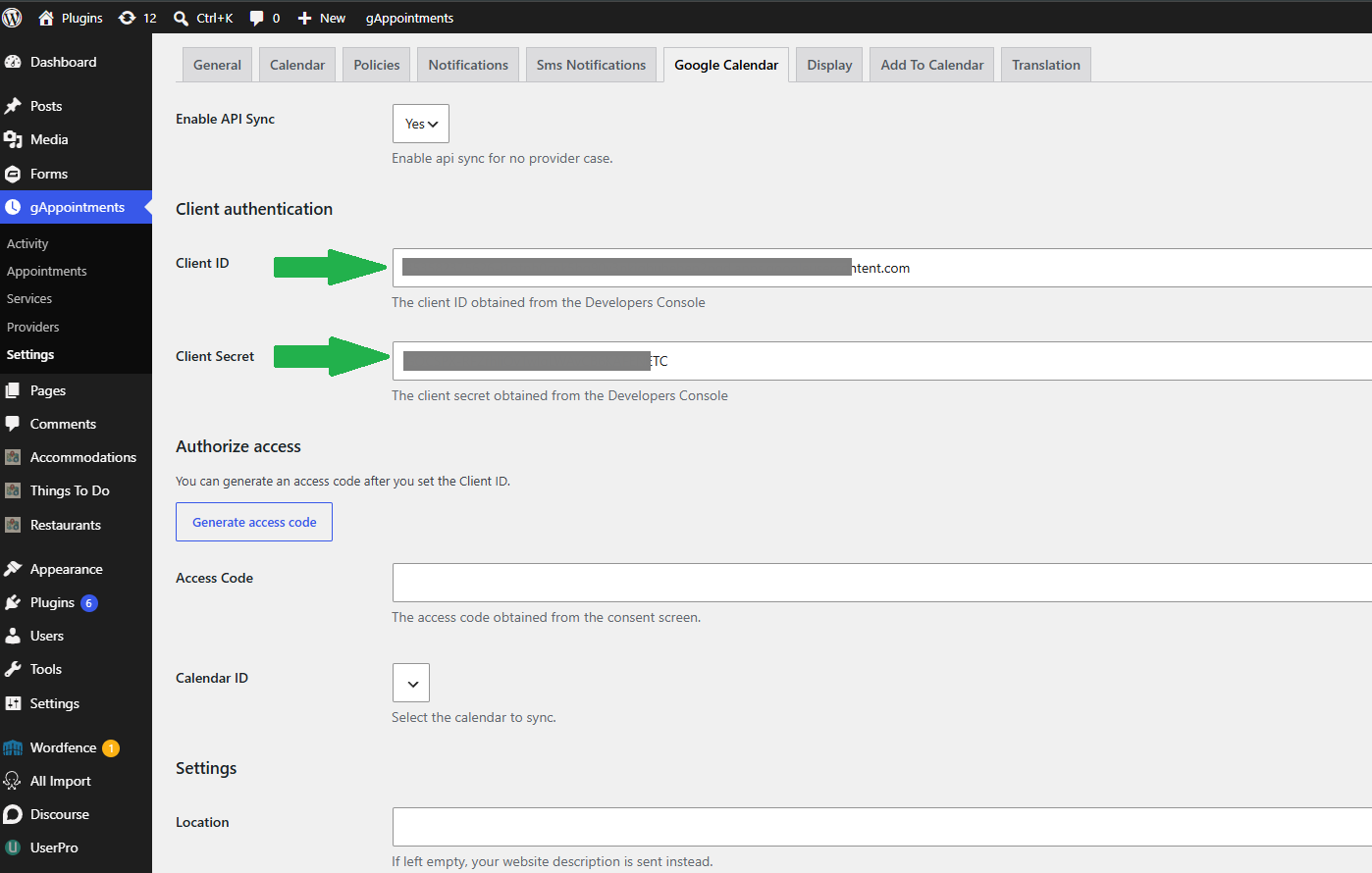 Paste the credentials into the gAppointments Google Calendar settings