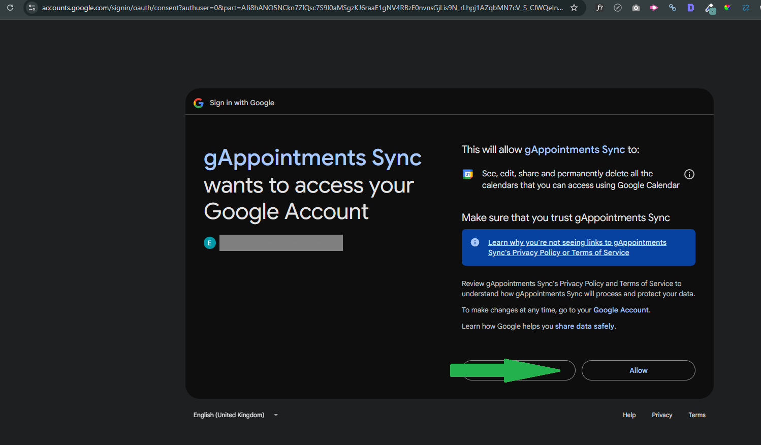 Select a Google account and allow access